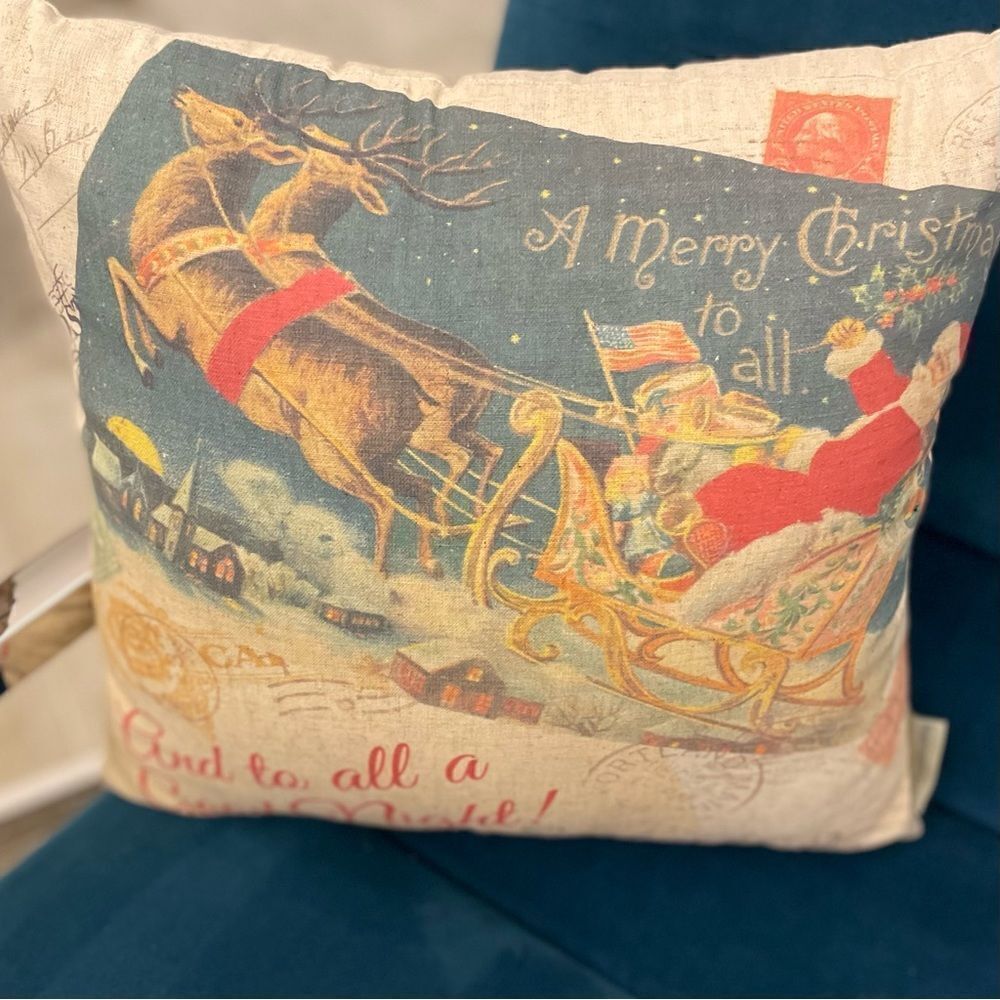 Primitives by Kathy Santa Reindeer Sled Christmas Pillow NWT
